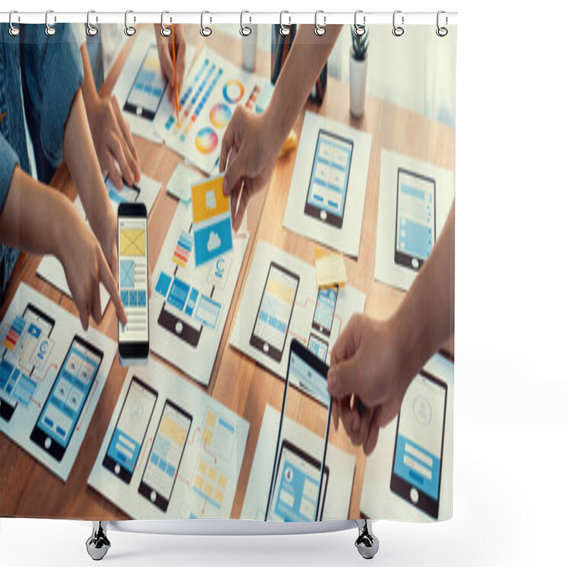 Personality  Panorama Shot Of Front-end Developer Team Brainstorming UI And UX Designs For Mobile App On Paper Wireframe Interface. User Interface Development Team Planning For User-friendly UI Design. Scrutinize Shower Curtains