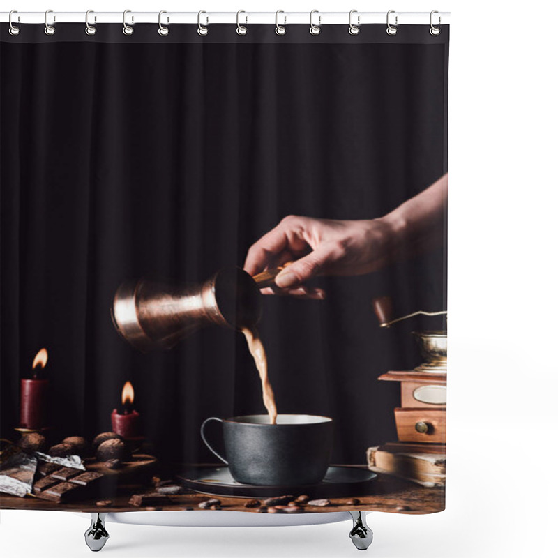 Personality   Cropped Image Of Woman Pouring Coffee From Turk Into Cup At Table With Chocolate, Truffles, Candles And Coffee Grains On Black Background Shower Curtains