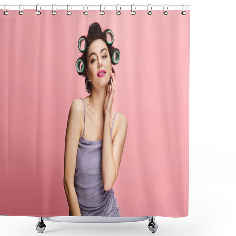 Personality  Stylish Woman With Curlers Looking At Camera. Shower Curtains