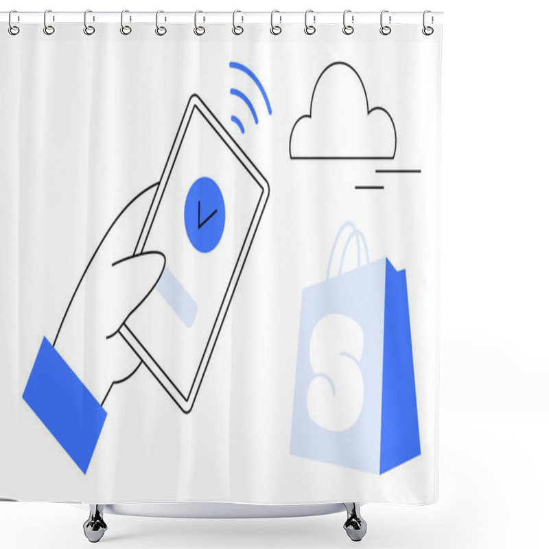 Personality  A Hand Holding A Smartphone With A Checkmark Symbol, A Cloud Icon In The Background, And A Shopping Bag. Ideal For Themes Of Online Shopping, Digital Transactions, Cloud Storage, E-commerce Shower Curtains