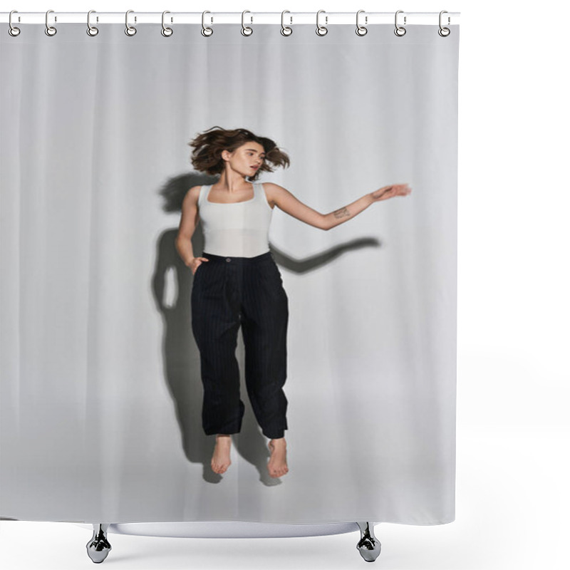 Personality  A Stylish Young Woman With Arm Outstretched, Exuding Grace In An Elegant Attire Shower Curtains