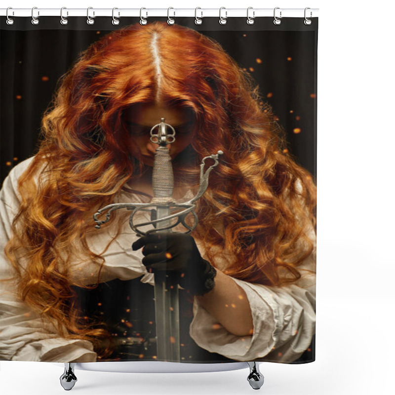 Personality  A Redhead Woman With A War Sword (rapier) Prays While Holding A Sword . The Heroine Of A Historical Adventure Novel. Shower Curtains