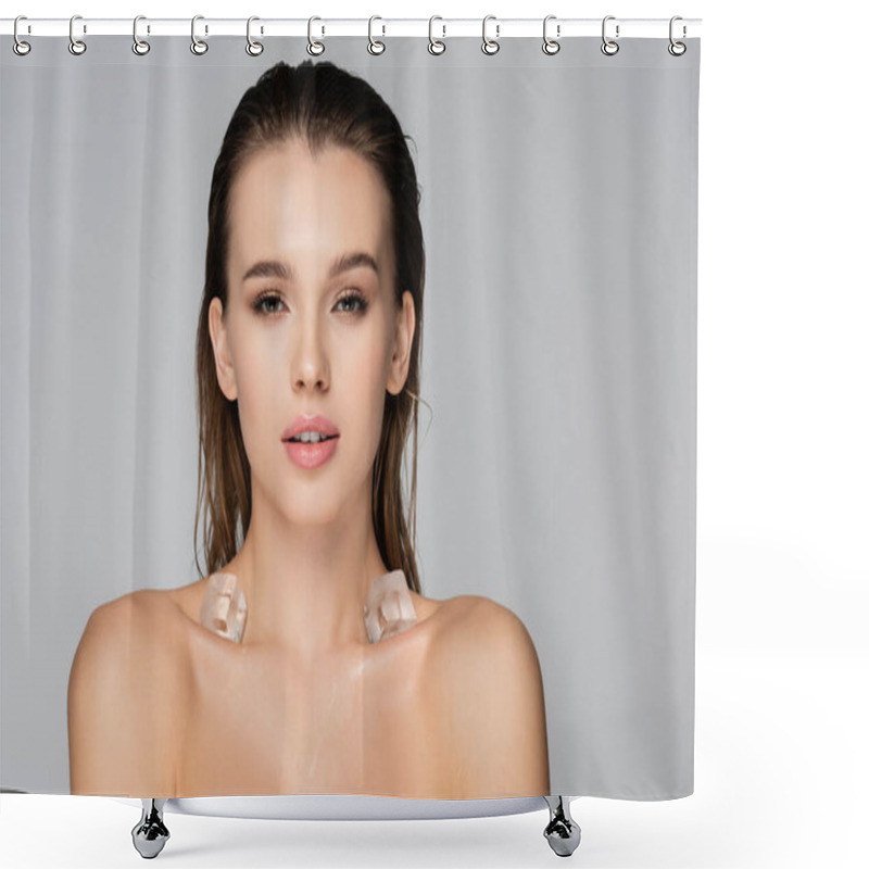 Personality  Young And Sensual Woman With Ice Cubes On Bare Shoulders Isolated On Grey Shower Curtains