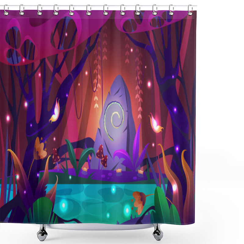 Personality  Enchanted Forest Or Charming Woodland, Vector Banner Or Background. Nightly Fantasy Nature, Fairy Plants, Mushrooms, Shining Fireflies And Butterflies. Magic Stone With Spiral Sign. Fairytale Scenery. Shower Curtains