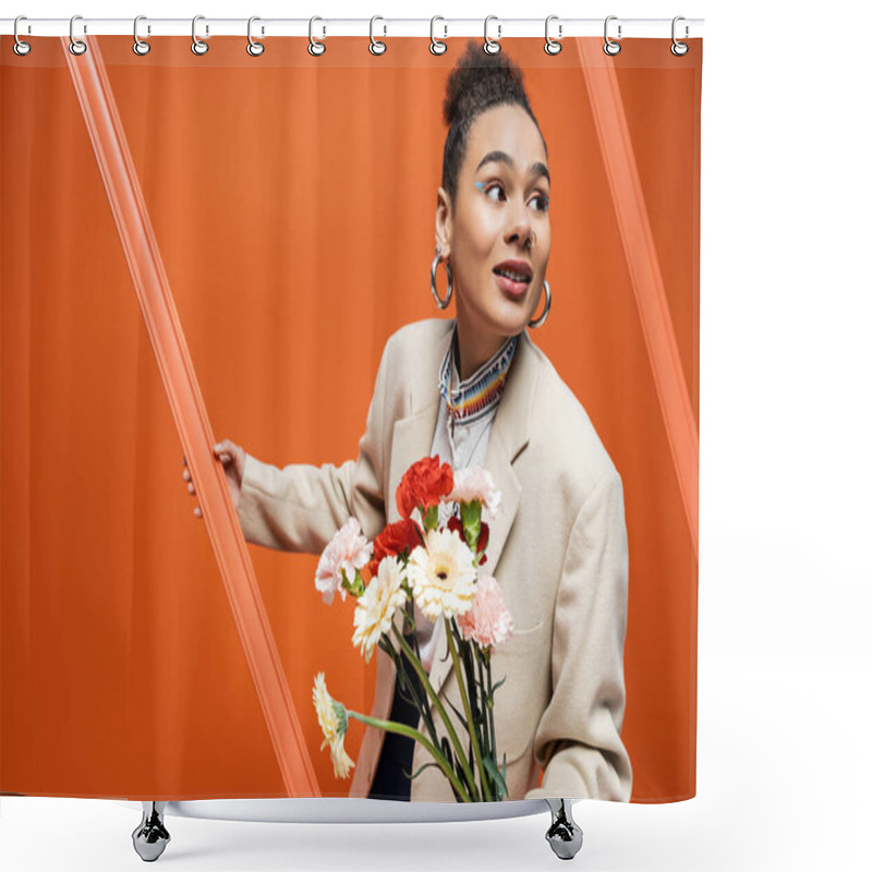 Personality  Chic Stylish Fashionista In Trendy Street Outfit Holding Orange Framework And Flower Bouquet Shower Curtains