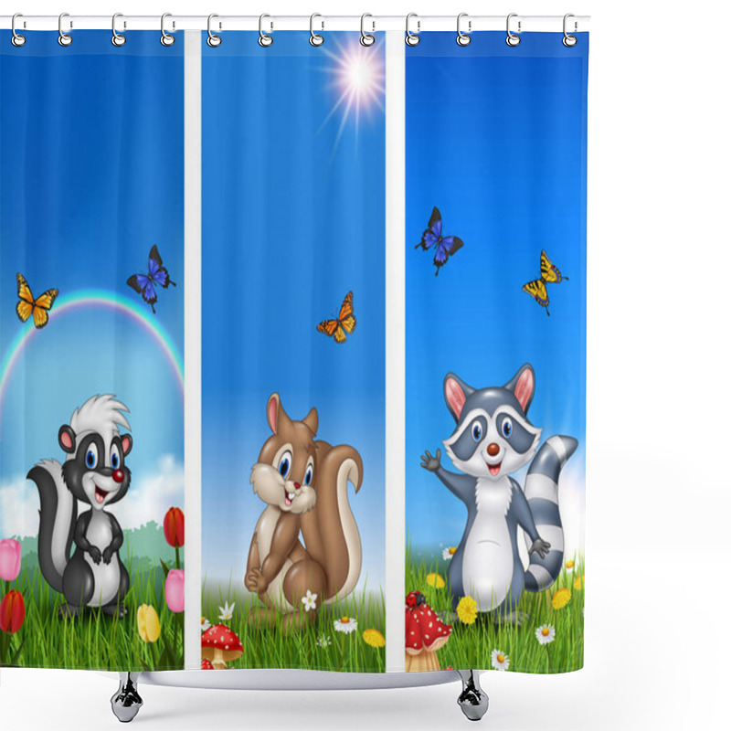 Personality  Set Of Tree Funny Animal With Nature Background Shower Curtains