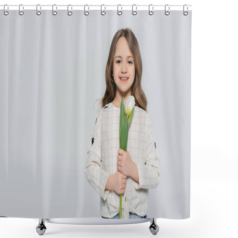 Personality  Girl With Long Hair Holding White Tulip And Smiling At Camera Isolated On Grey Shower Curtains