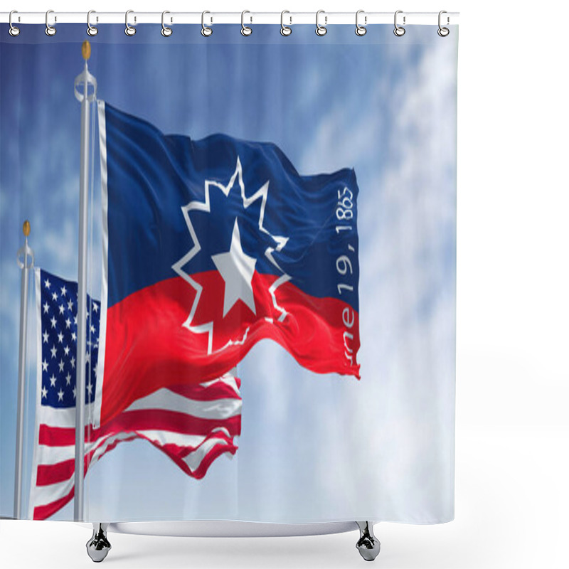 Personality  The Juneteenth Flag Waving In The Wind With The American Flag. Juneteenth Is A Federal Holiday In The United States Commemorating The Emancipation Of Enslaved African-Americans Shower Curtains