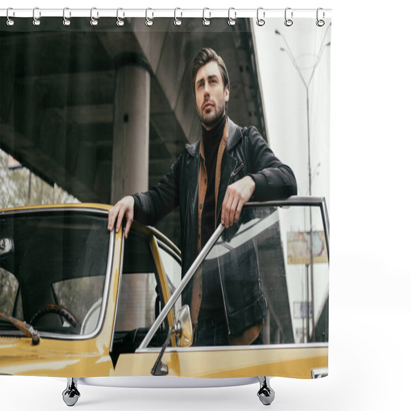 Personality  Low Angle View Of Handsome Stylish Man Looking Away While Standing Near Yellow Classic Car Shower Curtains