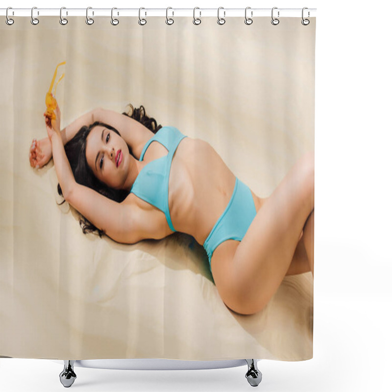 Personality  Beautiful Sexy Young Woman In Bikini Holding Sunglasses, Looking At Camera And Lying On Beach Shower Curtains