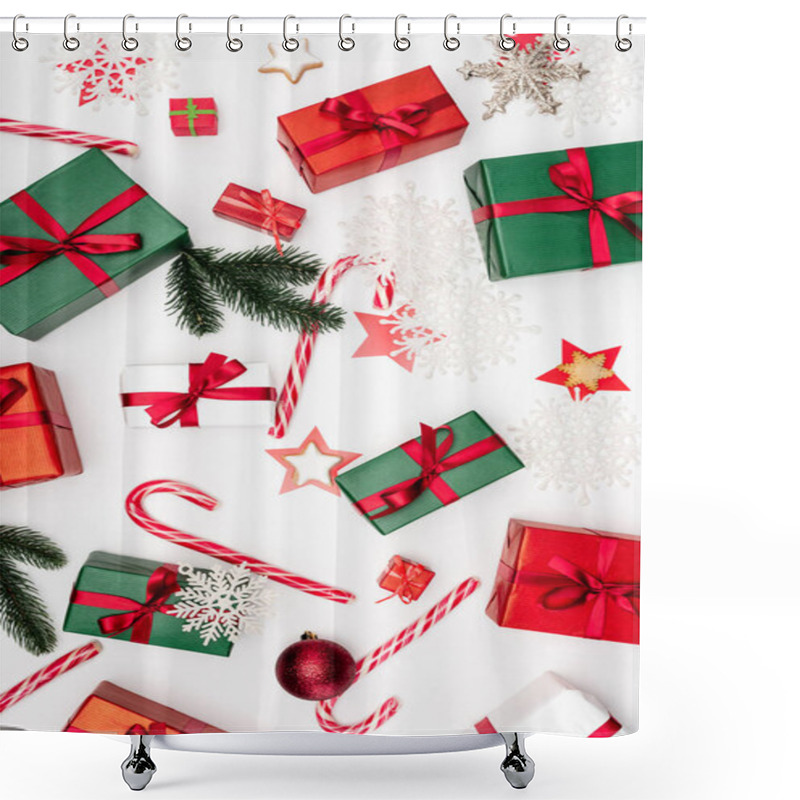 Personality  Top View Of Gift Boxes, Candy Canes, Star-shaped Cookies, Fir Branches And Decorative Snowflakes On White Background Shower Curtains