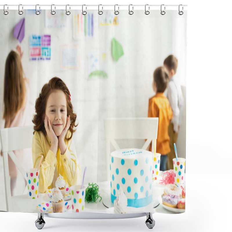 Personality  Selective Focus Of Adorable Kid Sitting At Table With Cake And Looking At Camera During Birthday Party Shower Curtains