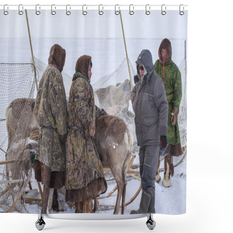 Personality  Nadym, Russia -March 15, 2020: Far North, Yamal Peninsula, Reindeer Vaccination Shower Curtains