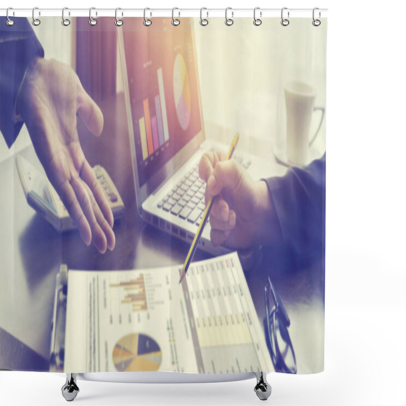 Personality  Cropped Image Of Businessman And Businesswoman Pointing On Chart In Office Shower Curtains