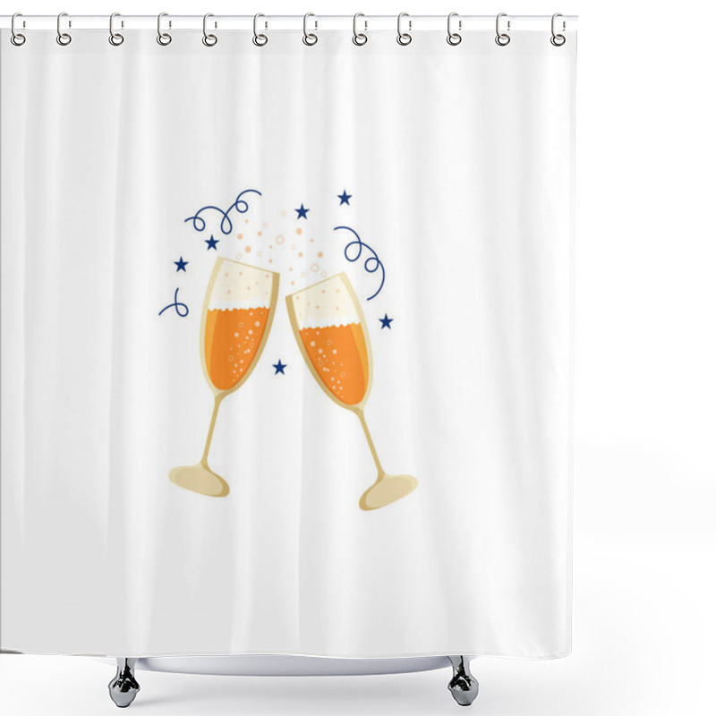 Personality  Champagne, Two Clinking Glasses With Bubbles. Anniversary Celebration Icon. Holiday, Party Logo. Vector Flat Illustration Shower Curtains