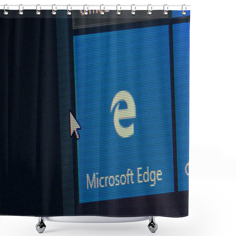 Personality  Microsoft Edge App On The Screen Notebook Closeup. Microsoft Edge Is A Microsoft Browser Designed To Replace Internet Explorer. Moscow, Russia - April 10, 2019 Shower Curtains