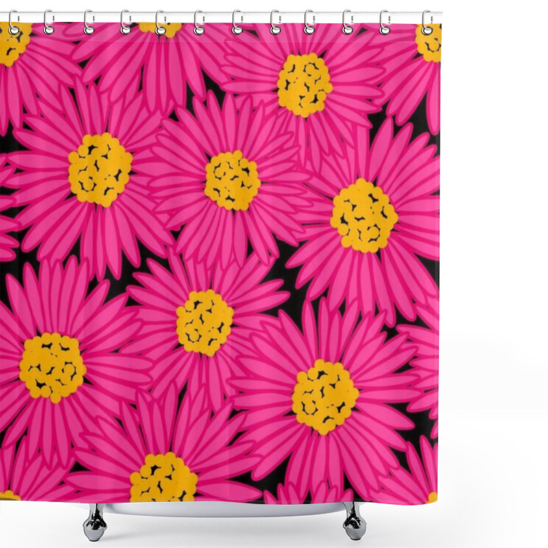 Personality  Hand Drawn Seamless Pattern With Hot Hyper Pink Daisy Flowers On Black Background. Bright Colorful Retro Vintage Print Design, 60s 70s Floral Art, Nature Plant Bloom Blossom Shower Curtains