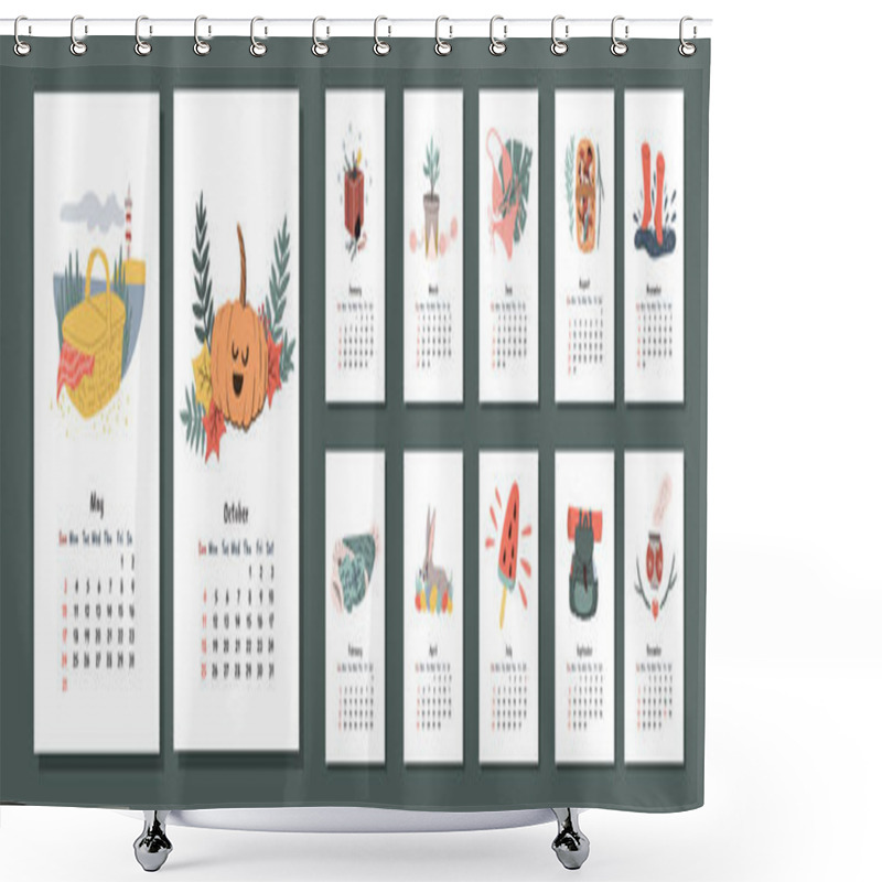 Personality  Calendar 2020 Hand Drawn Doodle Style Pages. Picnic Basket, Autumn Holidays Pumpkin. Wall Monthly Calendar. Shower Curtains