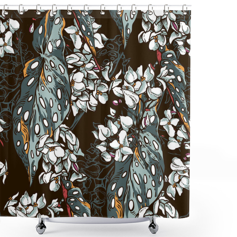 Personality  Vintage Natural Tropical Seamless Pattern With Blooming Begonia Maculata. Trendy Exotic Leaves. Greenery Garden Housplant Rexture On Black Background. Shower Curtains