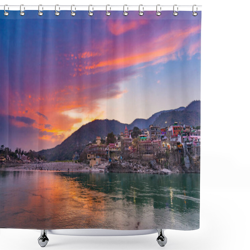 Personality  Dusk Time At Rishikesh, Holy Town And Travel Destination In India. Colorful Sky And Clouds Reflecting Over The Ganges River.  Shower Curtains