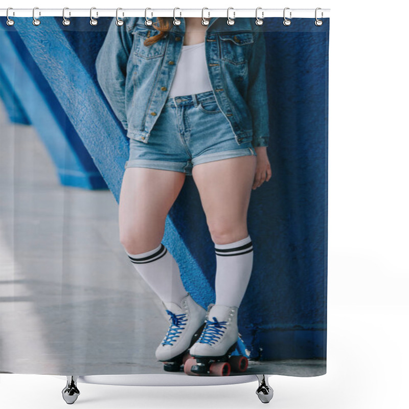 Personality  Cropped Shot Of Stylish Woman In Denim Clothes, High Socks And Retro Roller Skates Shower Curtains