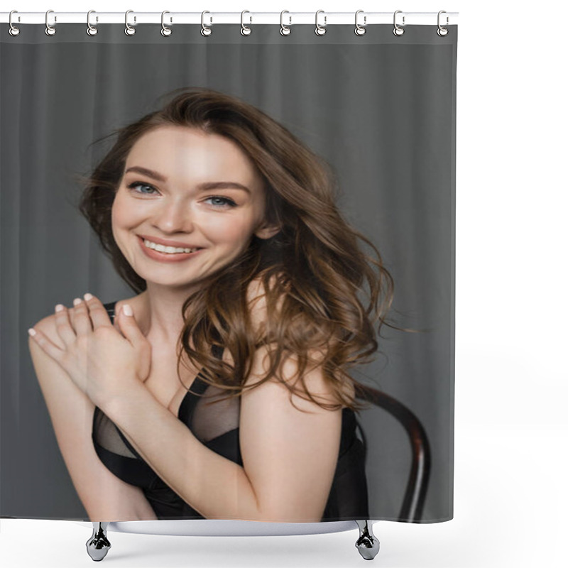 Personality  Portrait Of Young And Confident Brunette Woman With Hairstyle And Everyday Makeup Wearing Sexy Bodysuit, Touching Shoulder And Looking At Camera While Sitting On Chair Isolated On Grey   Shower Curtains