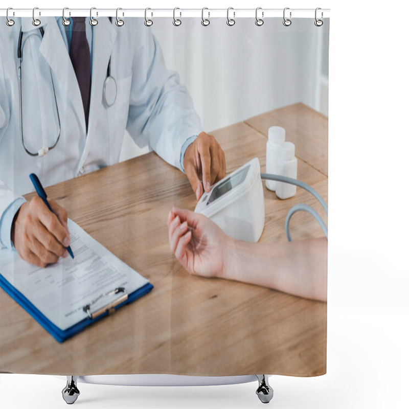 Personality  Cropped View Of Doctor Holding Pen Near Clipboard While Measuring Blood Pressure Of Woman  Shower Curtains