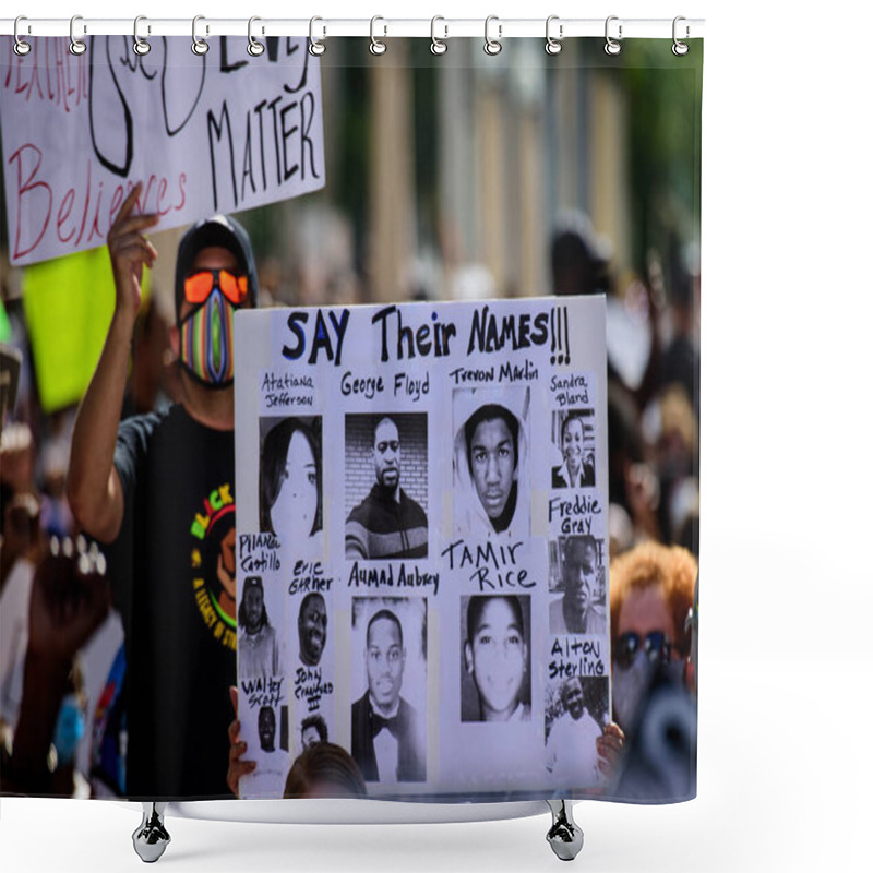 Personality  Miami Downtown, FL, USA - MAY 31, 2020: George Floyd, Tamir Rice, Atatiana Jefferson, Trayvon Martin, Ahmed Aubrey, Eric Garner, Sandra Bland, Freddie Gray, Alton Sterling Poster. US People Protest. Shower Curtains