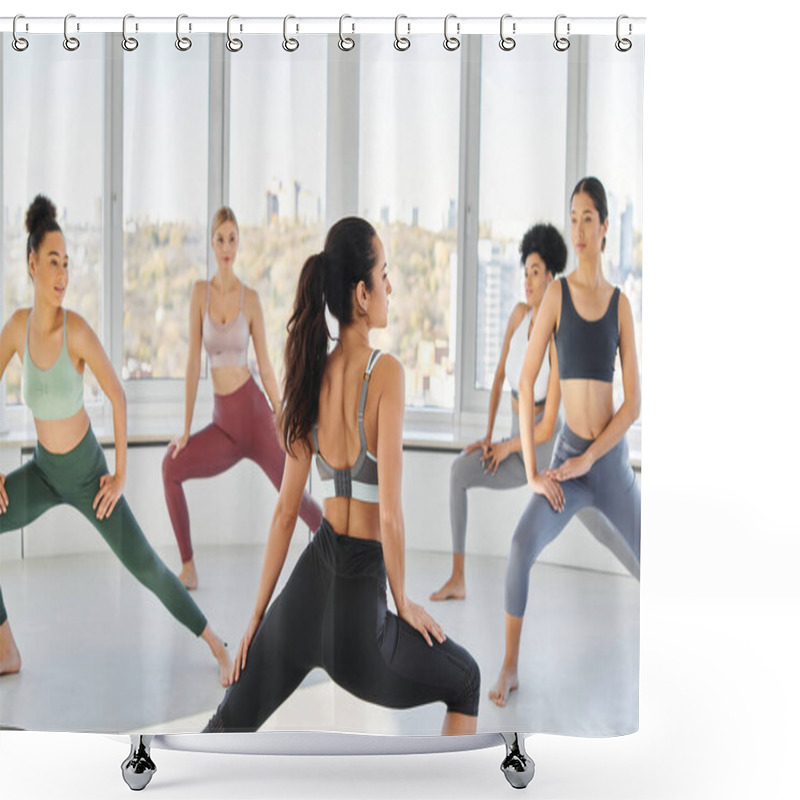 Personality  Female Pilates Trainer Showing Lunges Exercise To Group Of Multicultural Women During Class Shower Curtains