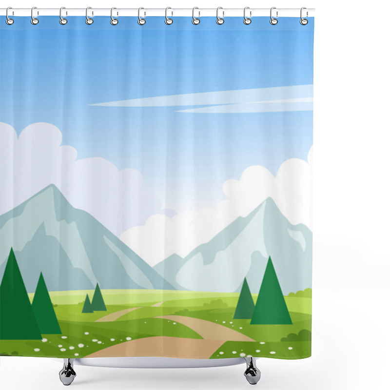 Personality  Summer Landscape With Mountains, Trees, Road, Meadows. Print With Spring Landscape. Modern Natural Background. Flat Cartoon Illustration With Place For Text. Shower Curtains