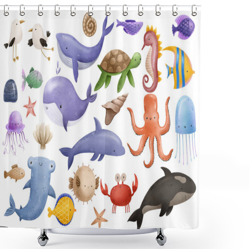 Personality  Large Hand Drawn Set Of Sea Animals And Fish, Turtles, Whales, Jellyfish. Ocean Life, Deep Underwater World. Marine Life. Cute Childish Simple Illustration On Isolated Background Shower Curtains