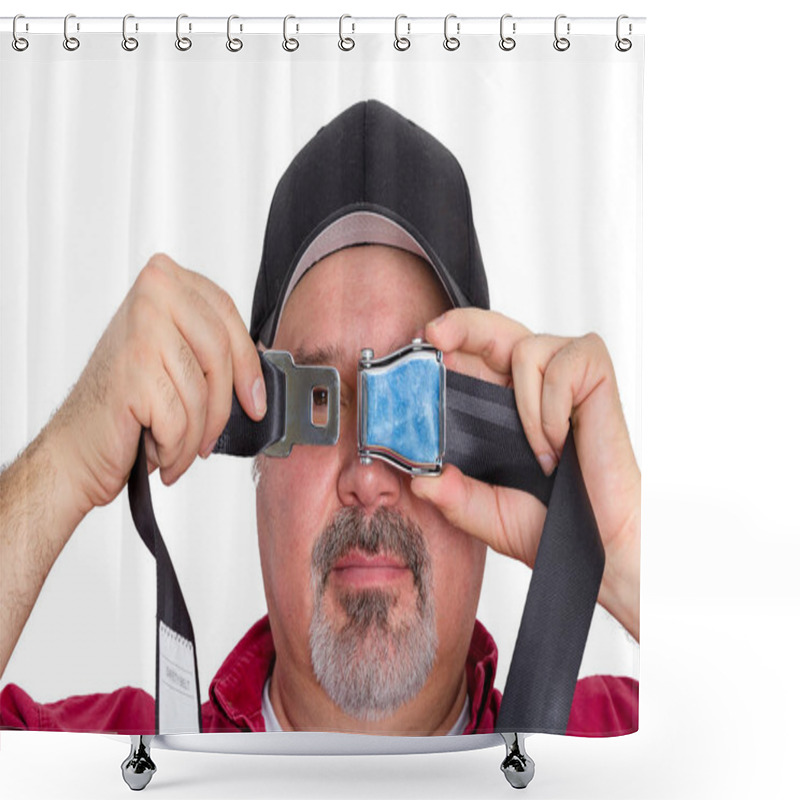 Personality  Man Peering Through A Hole In A Seatbelt Buckle Shower Curtains