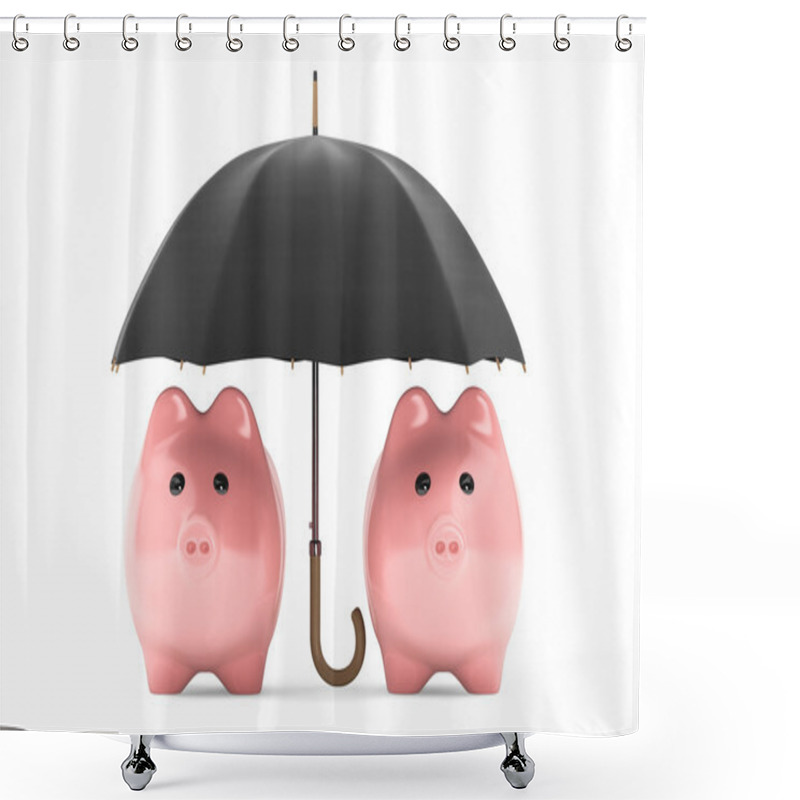 Personality  Wealth Protection Concept. Piggy Banks Under Umbrella Shower Curtains