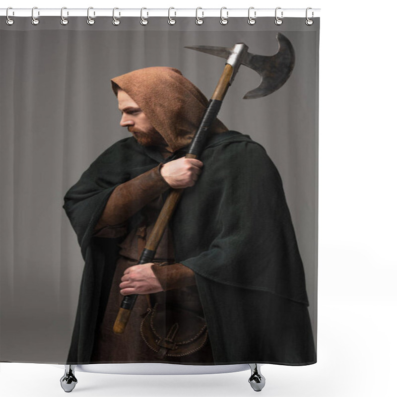 Personality  Medieval Scottish Redhead Man In Mantel With Battle Axe On Grey Background Shower Curtains