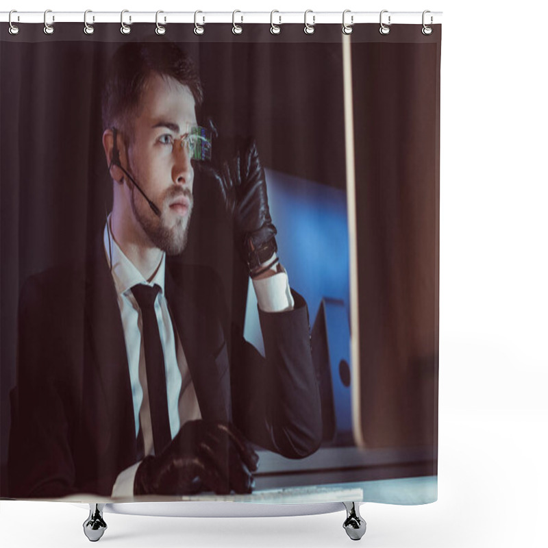 Personality  Portrait Of Hacker With Headset Looking At Computer Screen At Table In Dark Shower Curtains