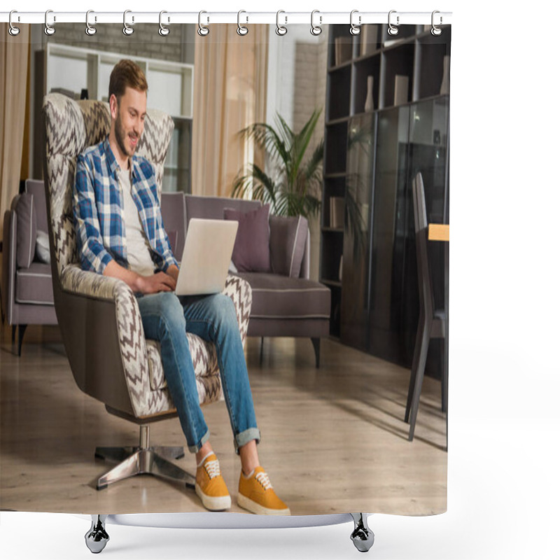 Personality  Young Male In Armchair Using Laptop In Living Room With Modern Design Shower Curtains