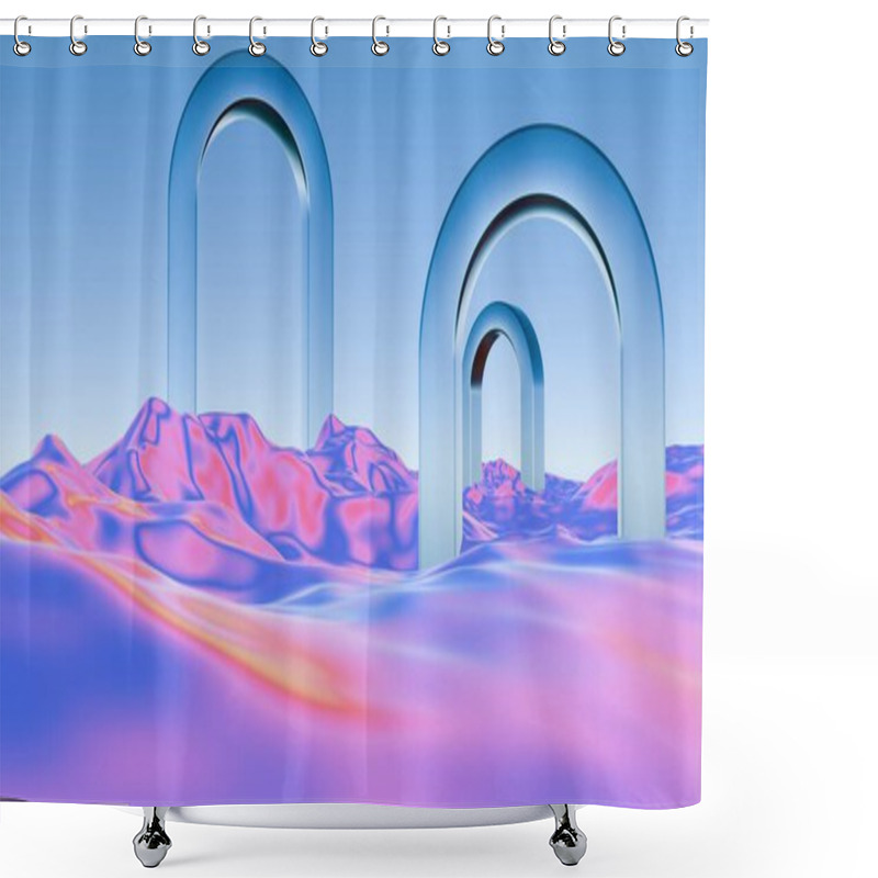 Personality  Surreal Landscape With Metallic Arches And Vibrant Fluid Terrain Shower Curtains