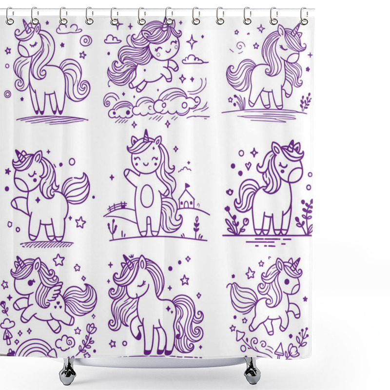 Personality  Purple Line Art Collection Of Cute Magical Unicorns In Whimsical Fantasy Style Shower Curtains