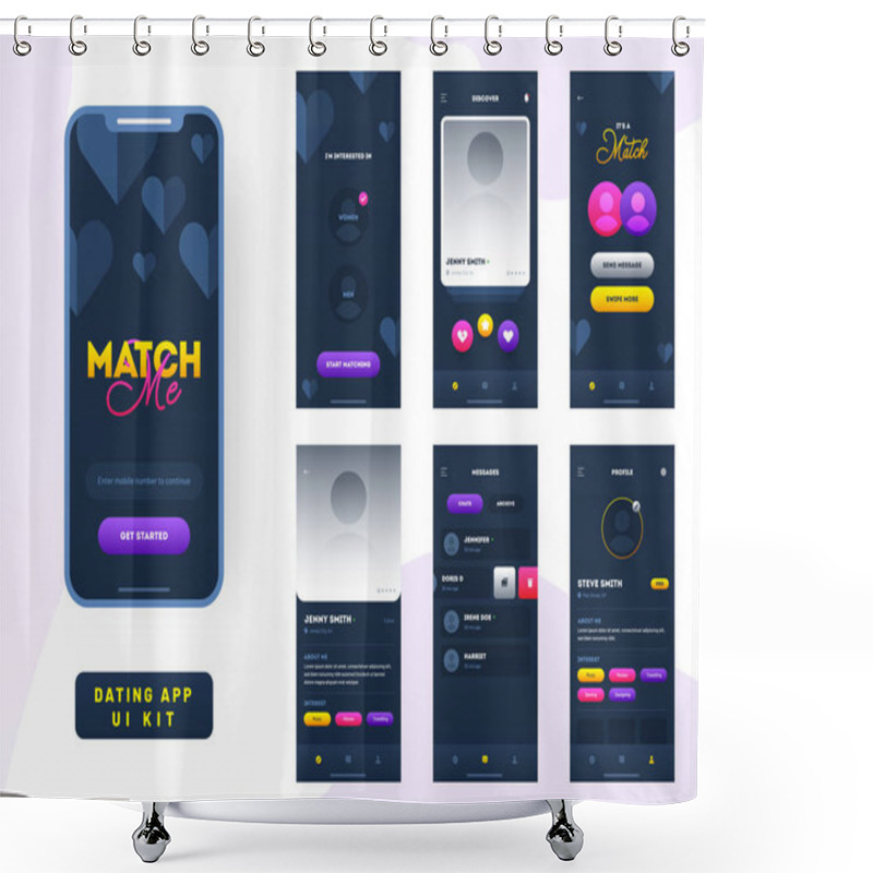 Personality  Dating App Ui Kit For Responsive Mobile App Or Website With Different Gui Layout Including User Category, Details, Place And User Profile Type Screens. Shower Curtains