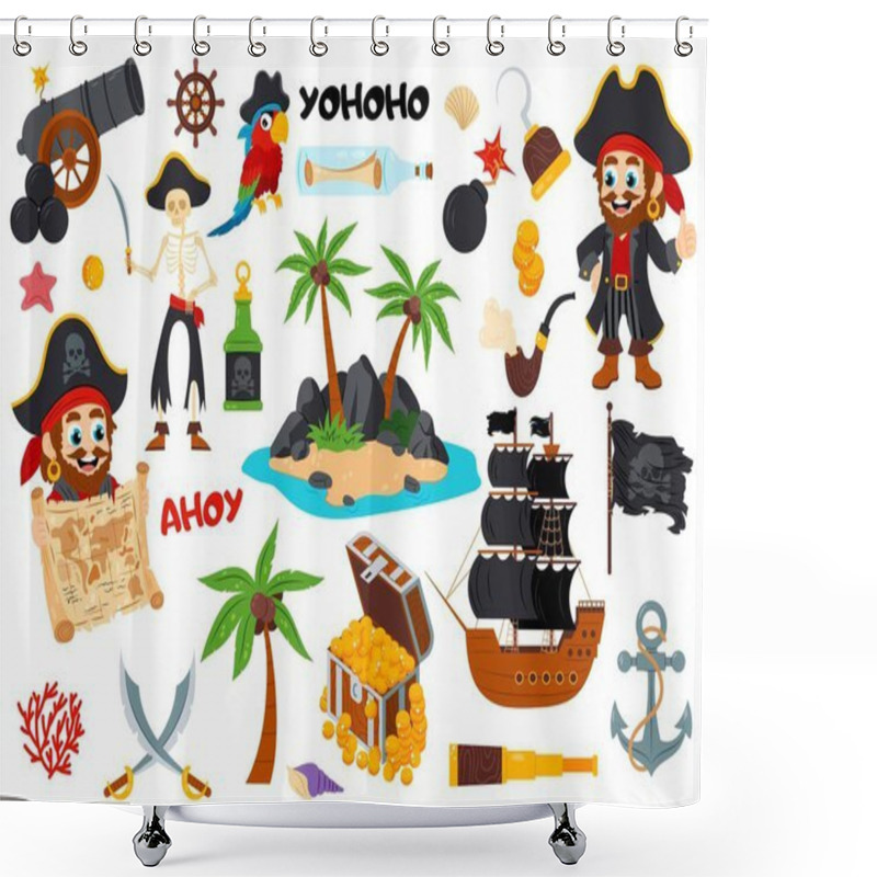 Personality  A Big Pirate Set Of Different Flat Style Items. Islands, Adventures, Pirates, Maps. Cartoon Illustrations Of Pirate Items. Shower Curtains