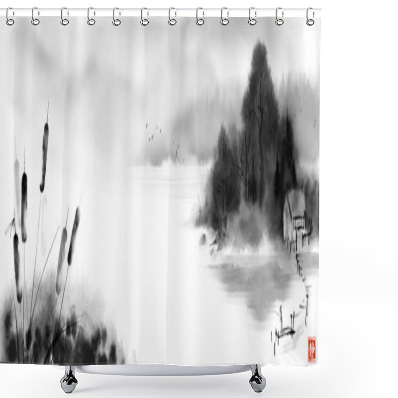 Personality  Reed Grass And Misty Riverside. Traditional Oriental Ink Painting Sumi-e, U-sin, Go-hua. Translation Of Hieroglyph - Silence. Shower Curtains