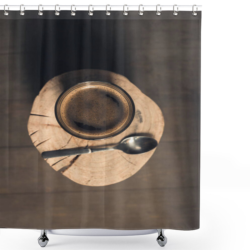 Personality  Glass Of Coffee And Spoon On Wood Shower Curtains