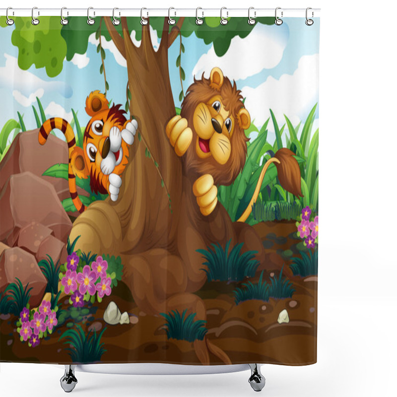 Personality  A Tiger And A Lion Playing At The Forest Shower Curtains