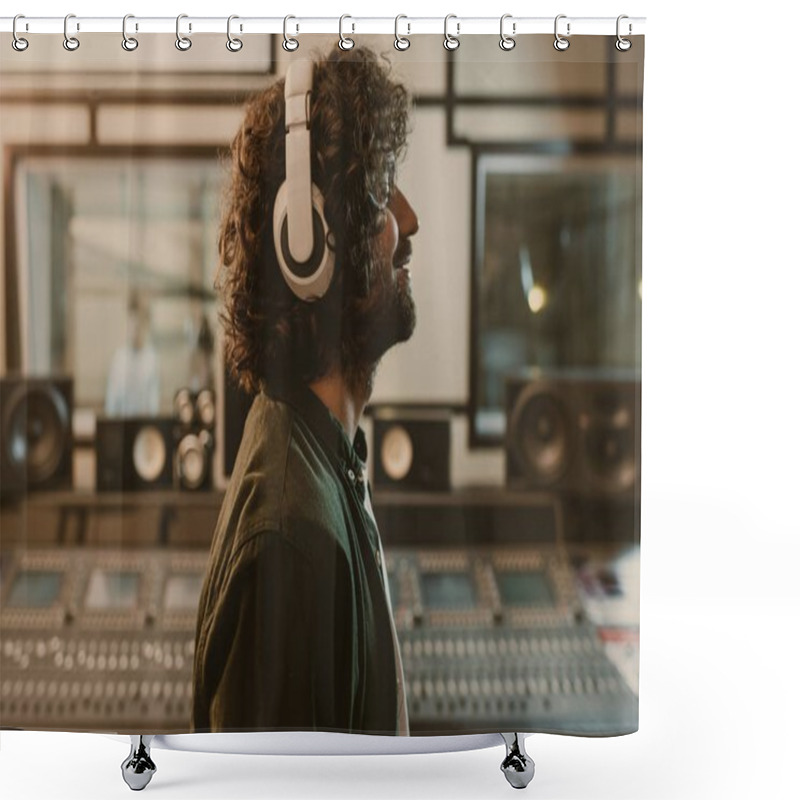 Personality  Side View Of Sound Producer In Headphones Enjoying Music At Studio Shower Curtains