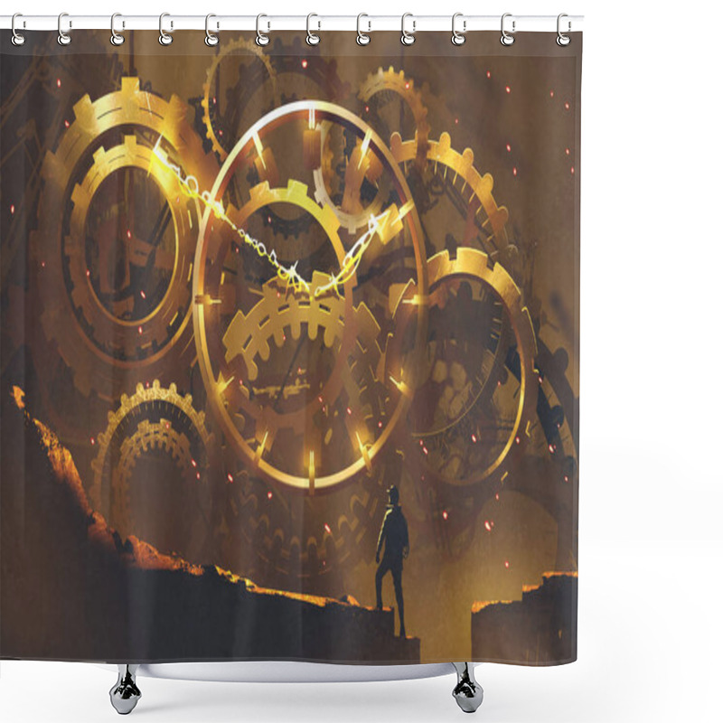 Personality  Man Standing In Front Of The Big Golden Clockwork Shower Curtains