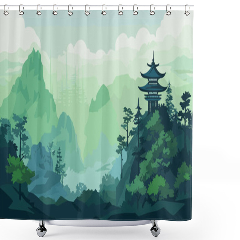 Personality  Asian Landscape Background, Creative Vector Illustration. Minimalist Mountain Landscape. Homes Surrounded By Nature Shower Curtains