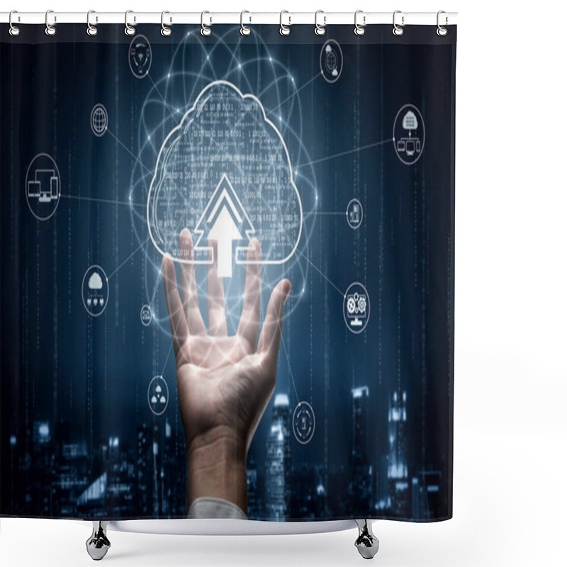 Personality  Cloud Computing Technology And Online Data Storage For Business Network Concept. Computer Connects To Internet Server Service For Cloud Data Transfer Presented In 3D Futuristic Graphic Interface. Shower Curtains