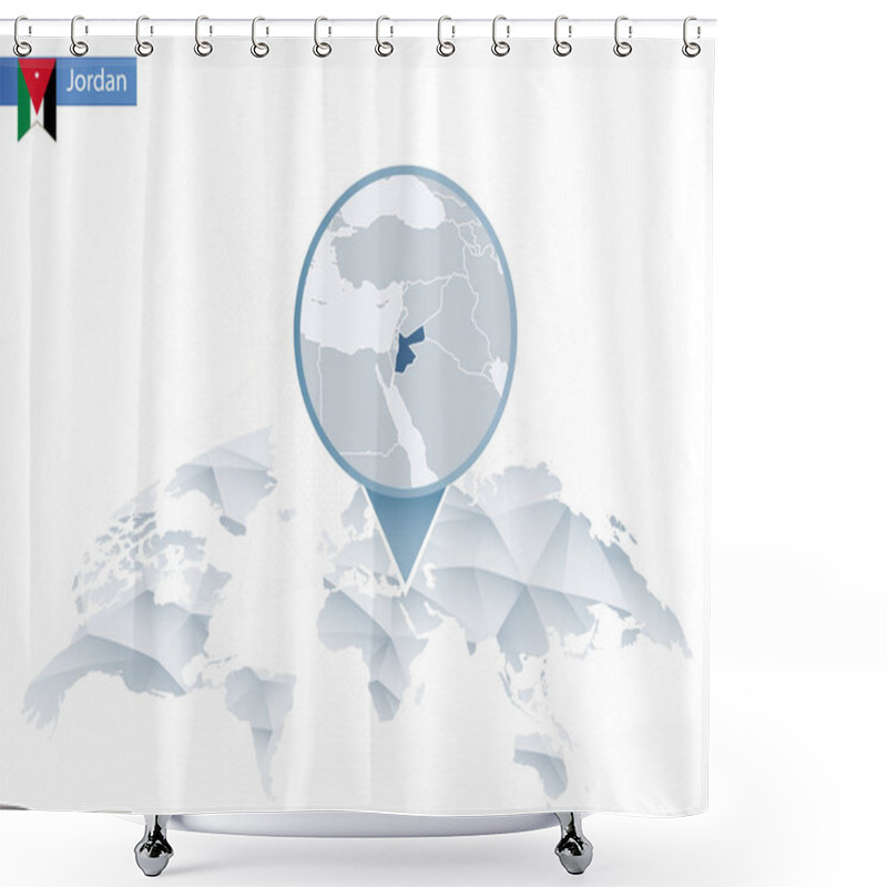 Personality  Abstract Rounded World Map With Pinned Detailed Jordan Map. Shower Curtains