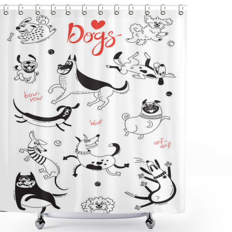 Personality  Playing Dogs. Funny Lap-dog, Happy Pug, Mongrels And Other Breeds. Set Of Isolated Vector Drawings For Design Shower Curtains