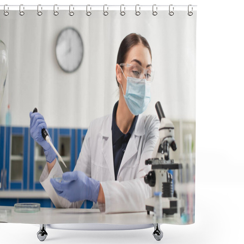 Personality  Scientist In Goggles And Latex Gloves Working With Electronic Pipette And Microscope In Lab  Shower Curtains